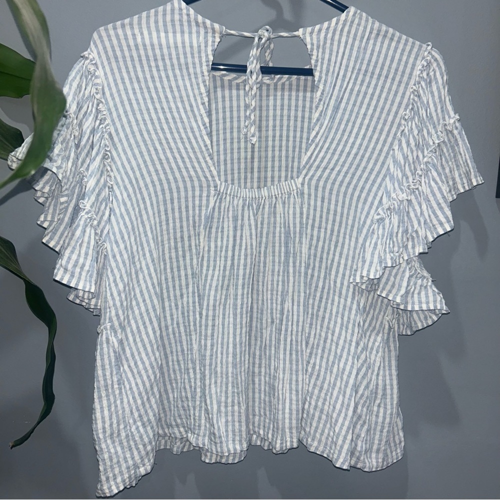 Altar'd State Blue and White Ruffle Blouse - Picture 2 of 3